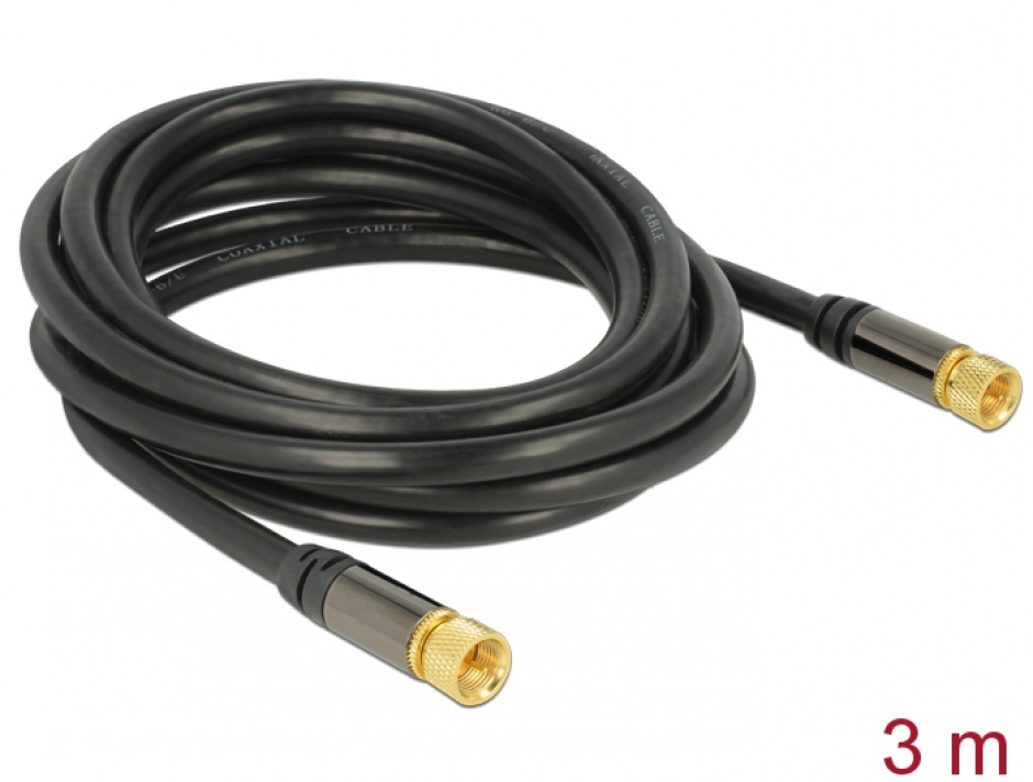 Cablu antena F Plug la F Plug RG-6/U 3m Negru, Delock 88920